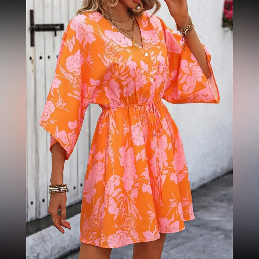 Boho floral tropical print button detail  knot front mini  dress